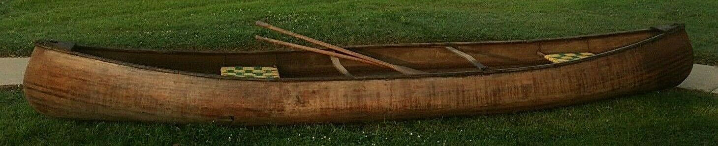 Vintage Hand Built 16 Ft Wooden Canoe & Paddles Signed 1973 Rafting Decor Cedar?